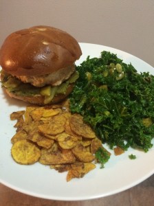 Turkey Burgers, Kale Salad, Plantain Chips